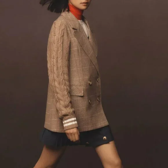 Avec Les Filles Tan Plaid Blazer with Cable Knit Sleeves - Picture 4 of 6